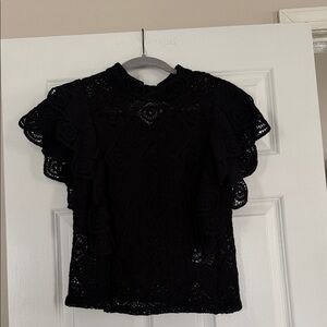 INC International Concepts Black Crochet Flutter Sleeve Top